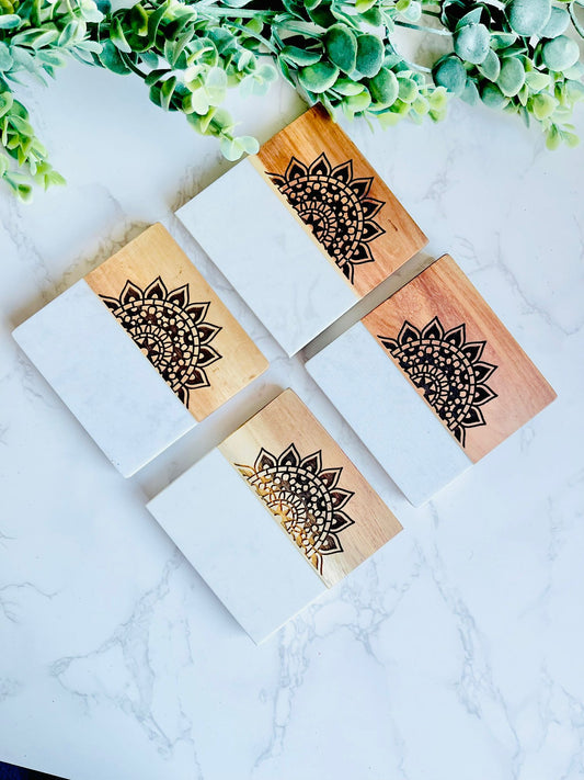 Mandala Marble and Acacia Coasters set of 4