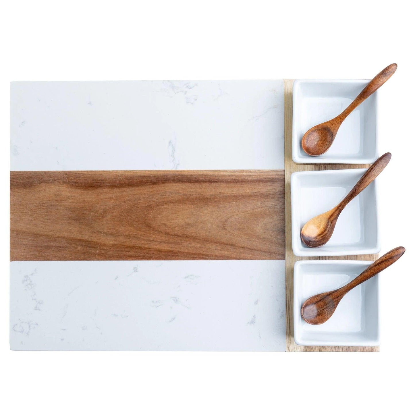 Personalized Marble & Acacia Charcuterie Board with Utensils, Ramekins & Custom Engraving