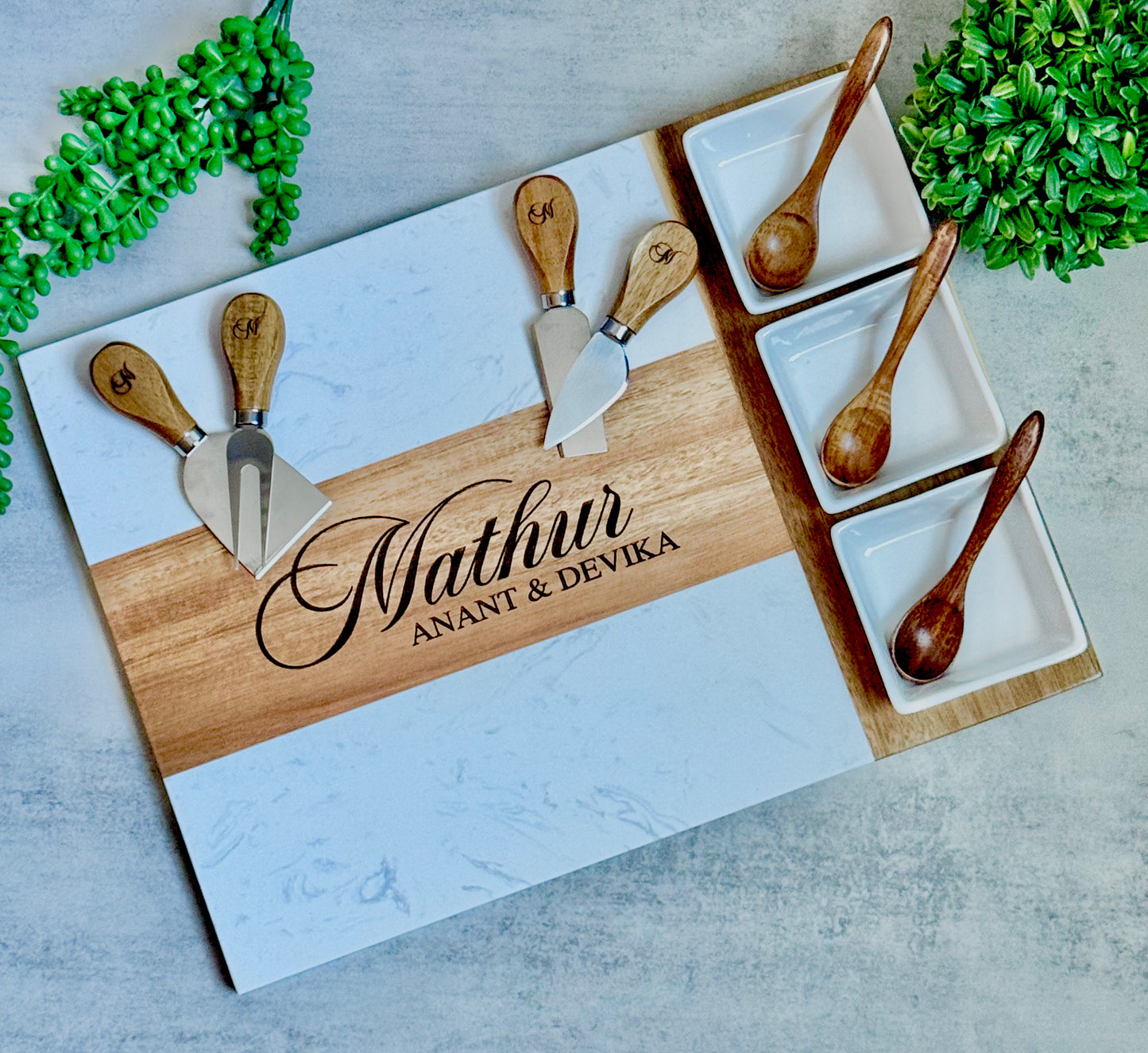 Personalized Marble & Acacia Charcuterie Board with Utensils, Ramekins & Custom Engraving