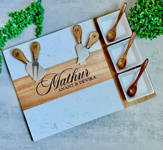 Personalized Marble & Acacia Charcuterie Board with Utensils, Ramekins & Custom Engraving