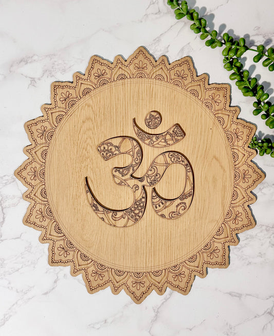 OM Sweet Home natural wood Round Mandala