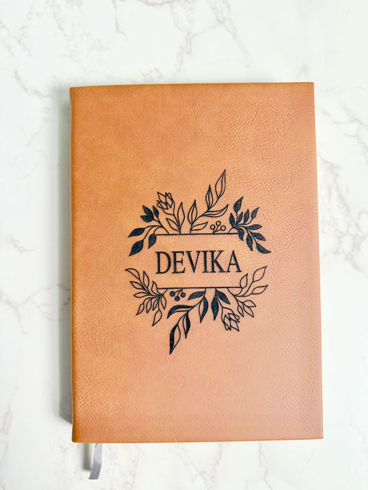 Personalized Leatherette Journal – Custom Name Engraving (Floral Design Option)