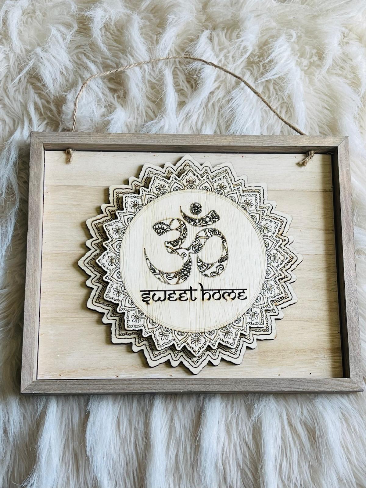 Rustic Wooden Hanging Plaque with Mandala & Om | Sweet Home Wall Décor