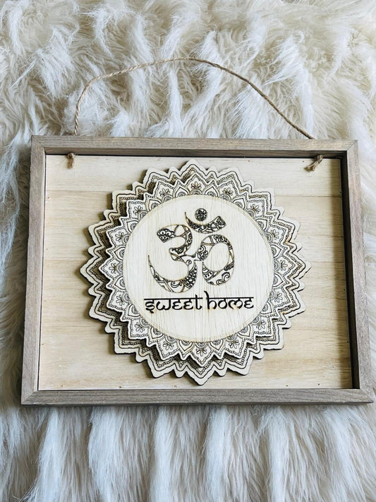 Rustic Wooden Hanging Plaque with Mandala & Om | Sweet Home Wall Décor
