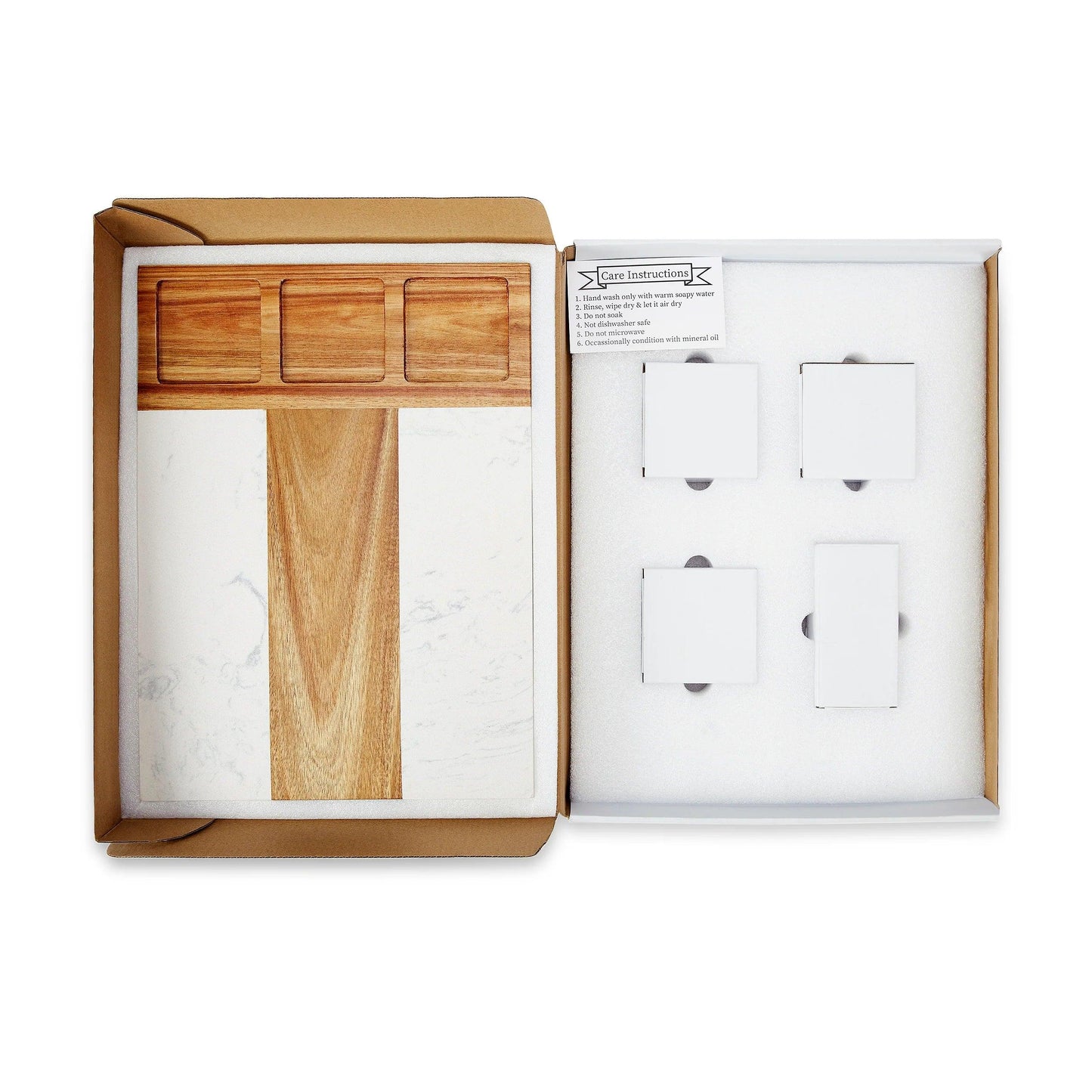 Personalized Marble & Acacia Charcuterie Board with Utensils, Ramekins & Custom Engraving