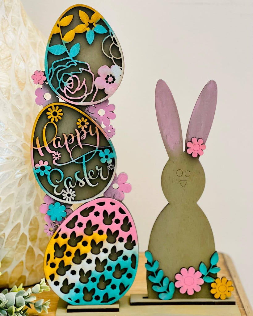 Easter Eggs Stacked Shelf Sitter With Bunny / Easter Decor